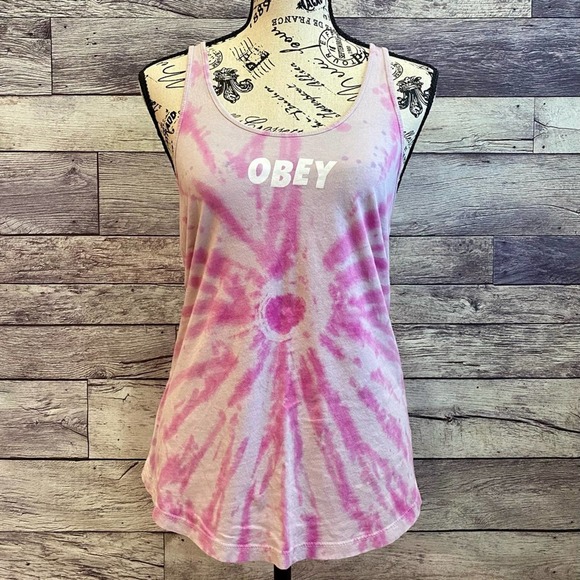 Obey Pink Tie Dye/White Logo Racerback Tank Top - Picture 1 of 12